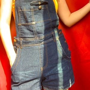 women’s dark denim overall shorts